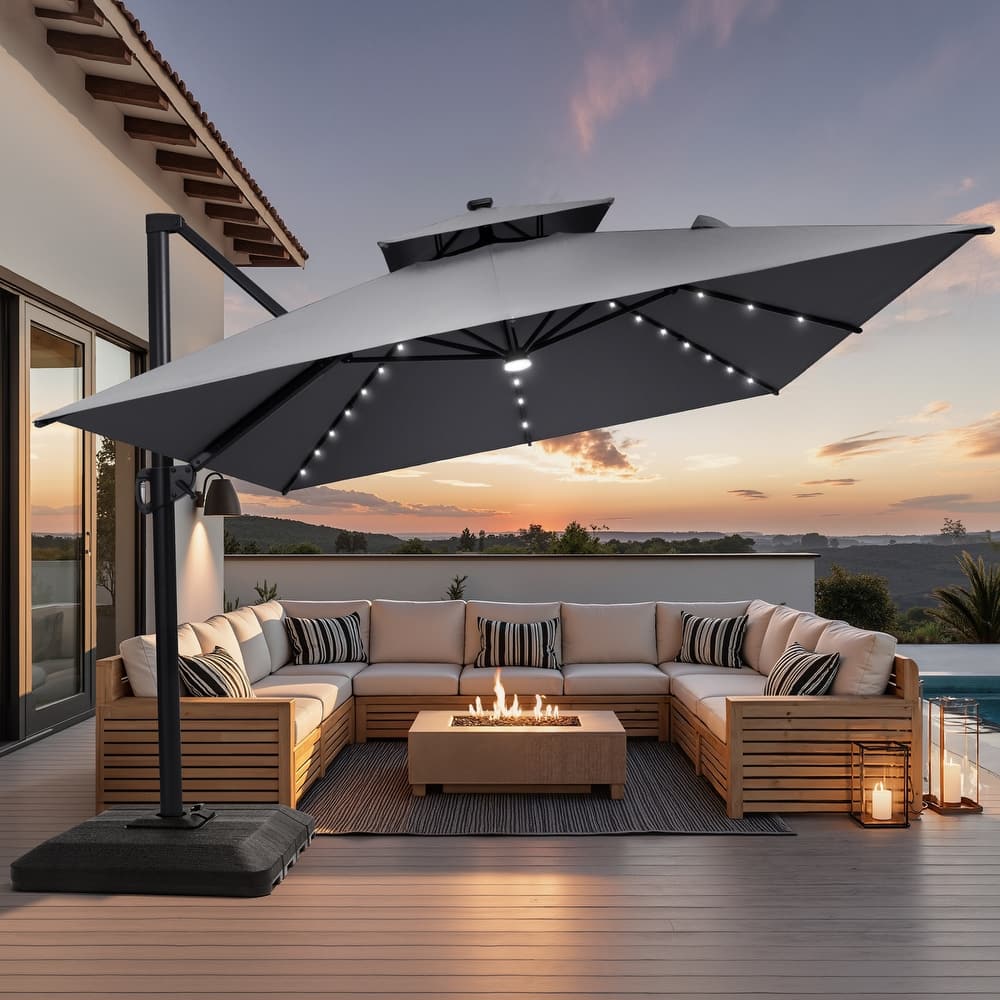 9 X 11 FT Outdoor Patio Cantilever Umbrella with Solar Lights 4-Piece Premium Base Double Canopy 360 Rotation Tilt