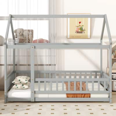 Twin Size Rubber Wood Canopy Bed with Roof Frame and Safety Guardrails