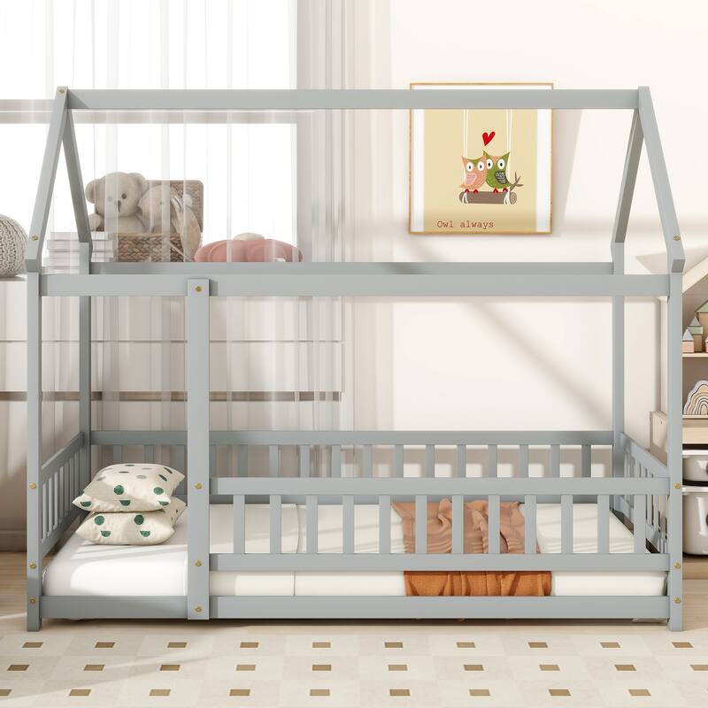 Twin Size Wooden Floor Bed with Roof Frame and Safety Guardrails, Grey