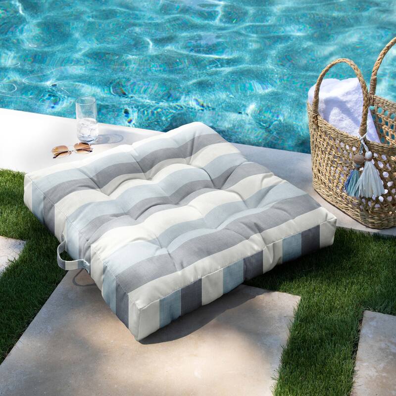 Sorra Home Sunbrella Indoor/Outdoor Square Tufted Floor Pillow with Handle (Single Pillow) - 24 in x 24 in x 5 in - Direction Dew
