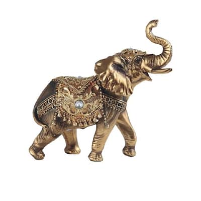 Q-Max 6"W Gold Thai Elephan and Baby with Trunk Up Statue Feng Shui Decoration Religious Figurine