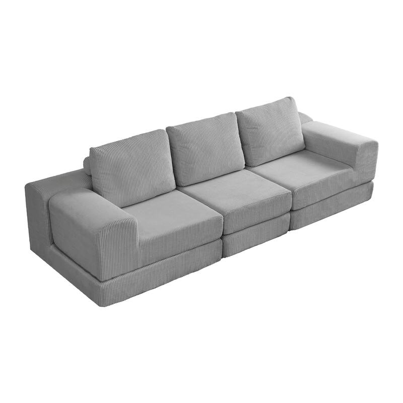 108'' Modular 3-Seater Corduroy Convertible Sofa Bed in Grey