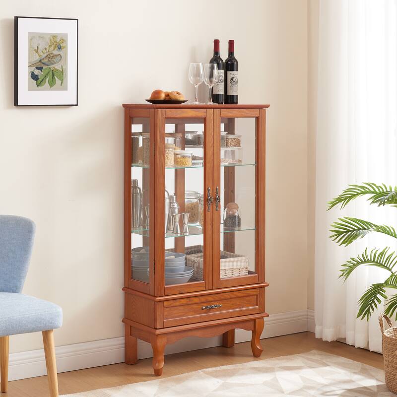 Lighted Glass Cabinet Glass Wine Cabinet Curio Display Cabinet with Adjustable Glass Shelves 2 Doors and 1 drawer Cabinet