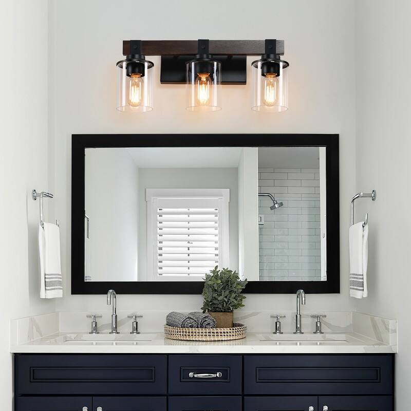 Vanity Light, Industrial Bathroom Wall Sconce with Glass Shades and Wood Accent, Modern Farmhouse Lighting Fixture (No Bulbs)
