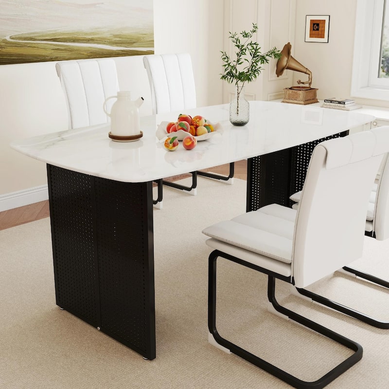 Rectangular Tempered Glass Dining Table for 6, Featuring a Marble-Patterned Design with black Hollow-Out Metal Legs