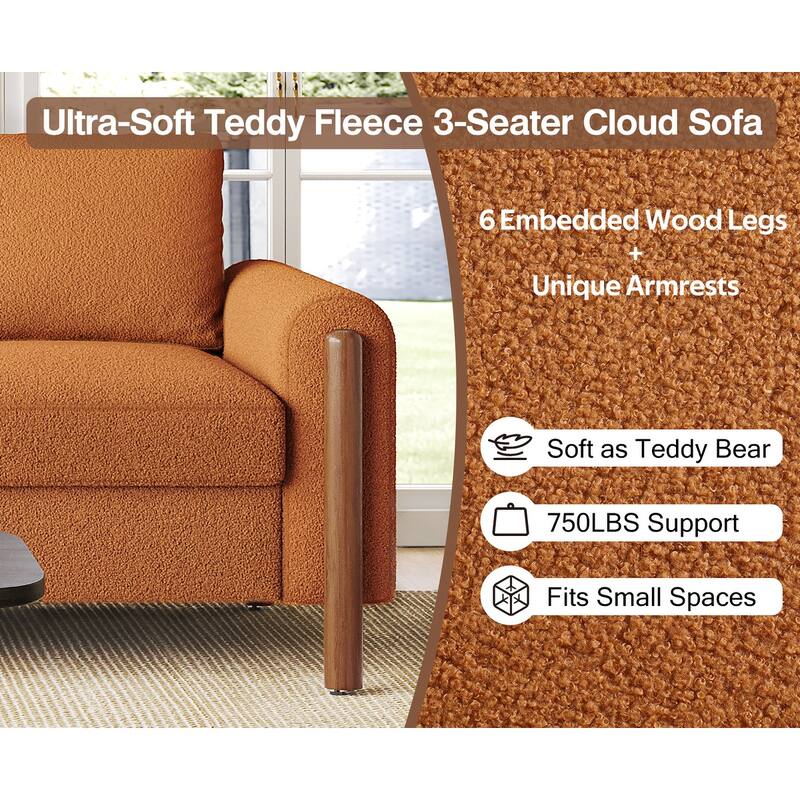 83.86 Inch 3-Seater Sofa with Curved Armrests, Teddy Velvet Upholstery, Solid Wood Legs, High Weight Capacity