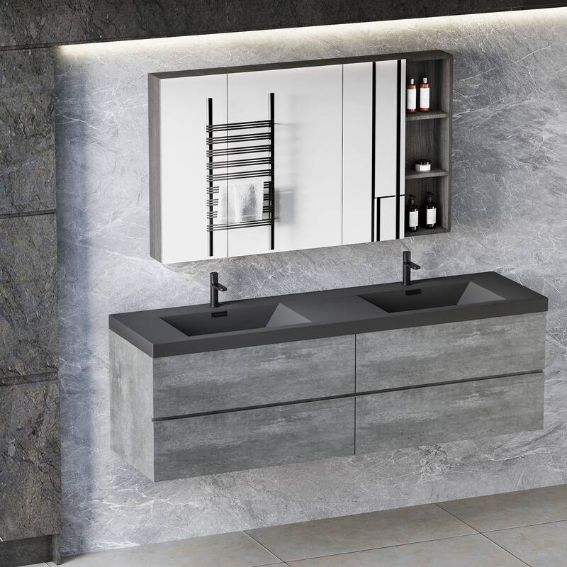 24/30/36/48/60 inch Melamine Floating Bathroom Vanity with Sink and Black Quartz Sand Top Basin and Soft Close Drawers
