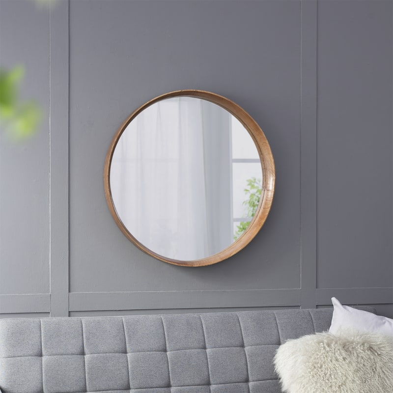 31.5" Round Pine Wood Wall Mounted Mirror