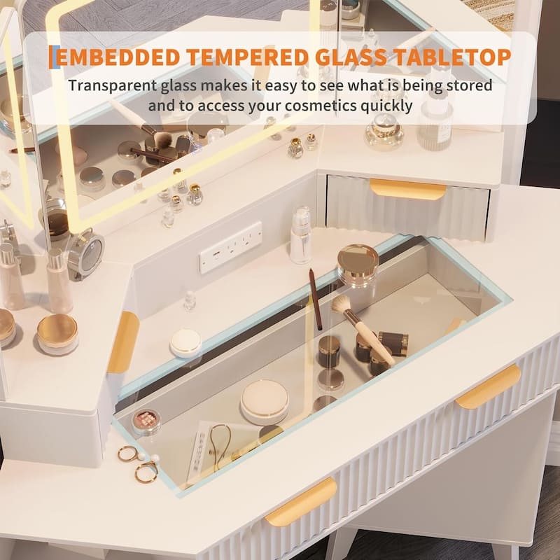 48 inch Fluted Corner Vanity Desk with Lights and Triple Mirror