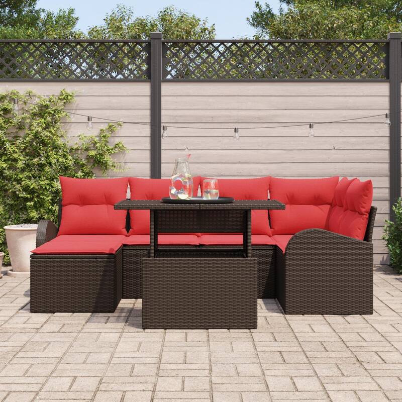 vidaXL 7 Garden Sofa Set with Cushions Black/Brown/Grey Poly Rattan - 92.1 x 48.8 x 27.2