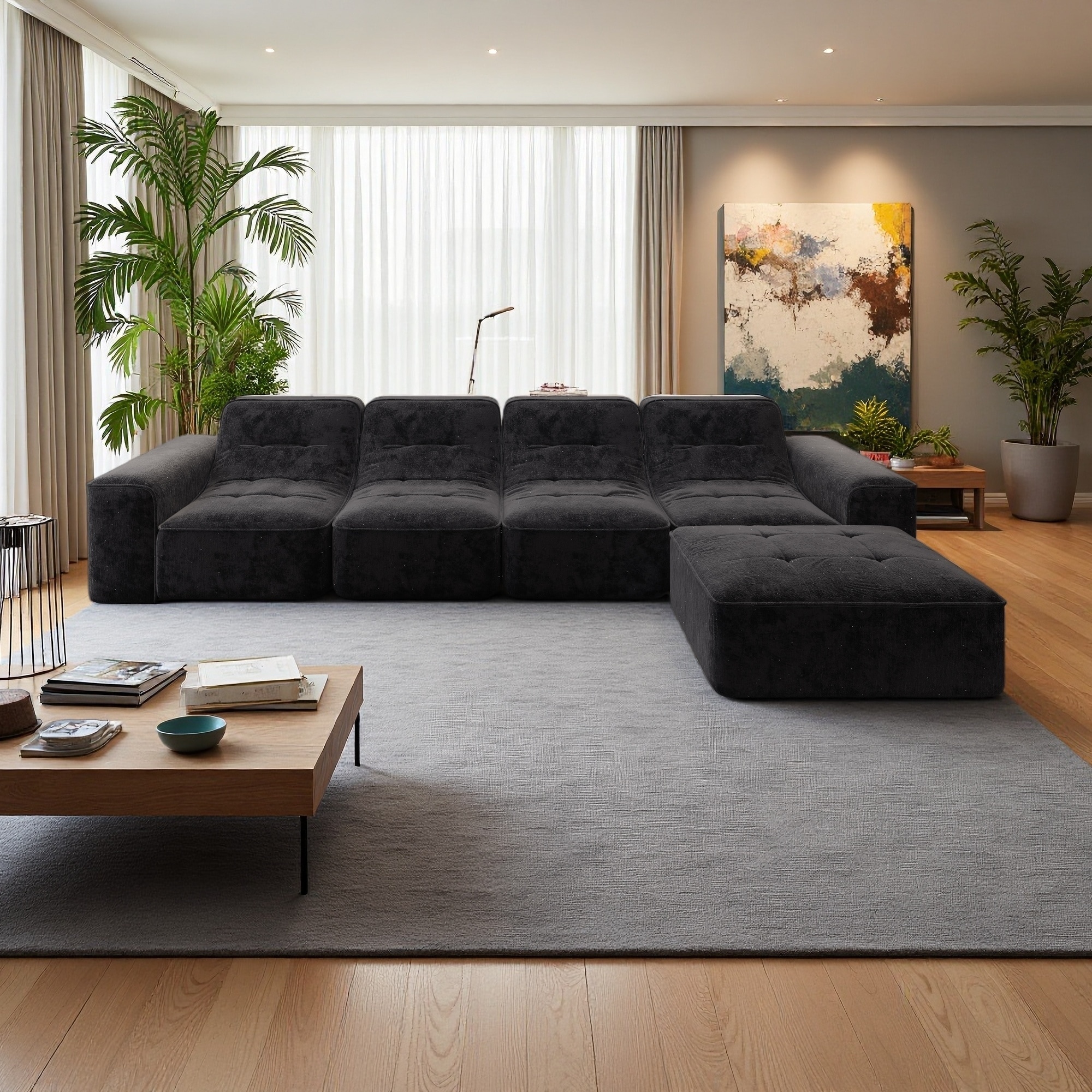 143.7" Chenille Modular Sectional Sofa with Ottoman, Tufted Design & Deep Seat (5-Seater)