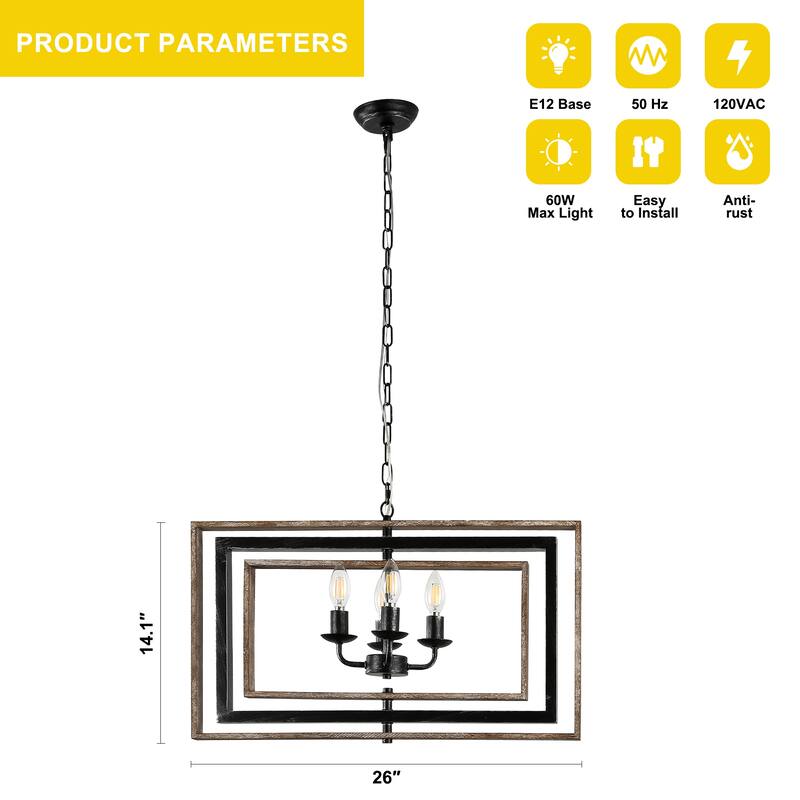 Oaks Aura Wooden Chandelier,Rectangular Frame Pendant Light,Farmhouse Hanging Lamp,Height Adjustable for Living Room,Dining Room