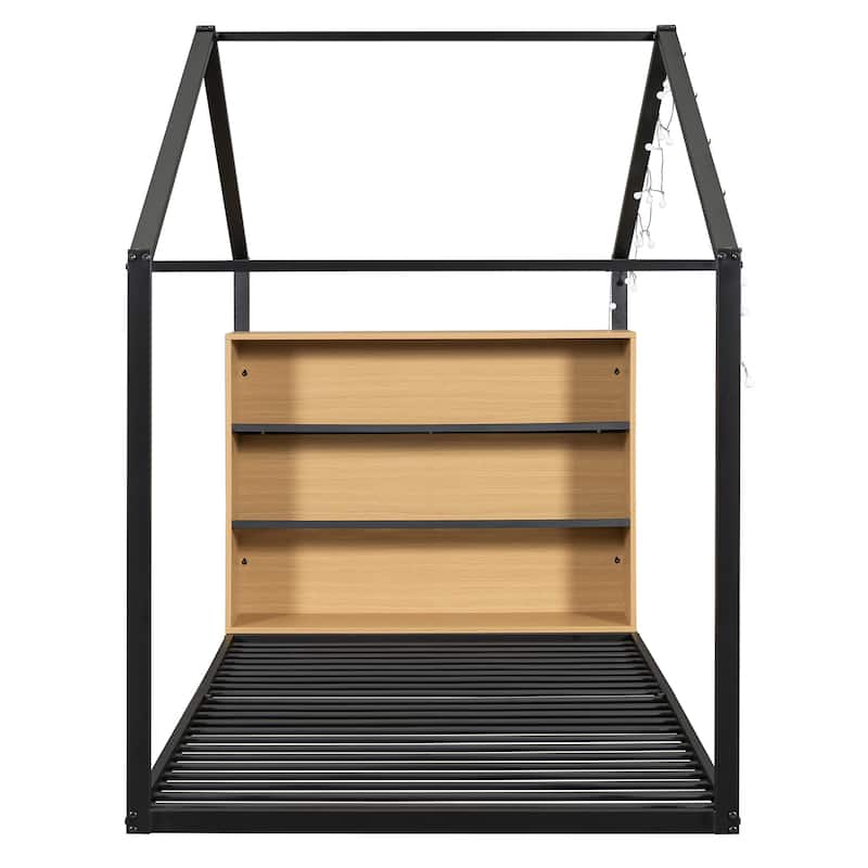 Metal Wood House Bed Frame with Shelves and Lights