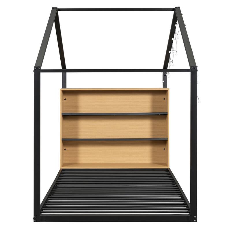 Twin Size Metal Bed House Bed Frame with Shelves and Lights