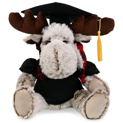 DolliBu Moose with Red Plaid Outfit Graduation Plush with Gown and Cap - 9 inches