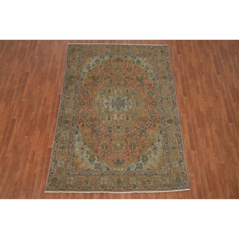 Hand Knotted Oriental 100% Wool Carpet Traditional Medallion Coral Tabriz Area Rug - 9' 6'' X 6' 6''