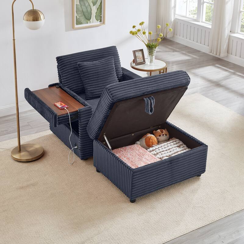 Fluffy Corduroy Lazy Sofa Chaise Lounge with Accent Chair, Storage Ottoman, Folding Table Board, Cup Holder and USB - Dark Grey