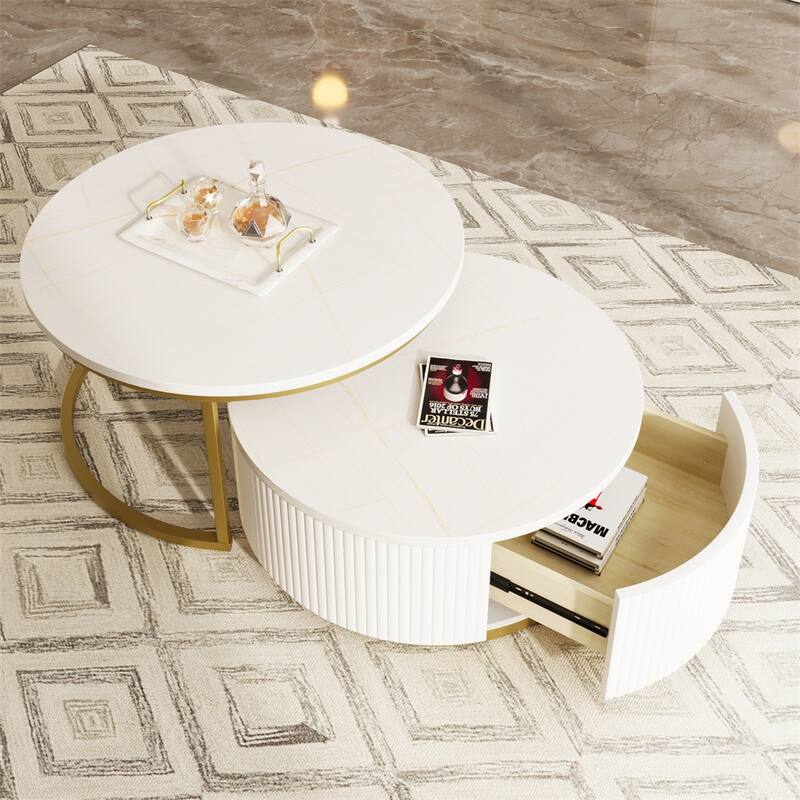 31.5" Modern Round Wood Nesting Coffee Table with Drawer - White