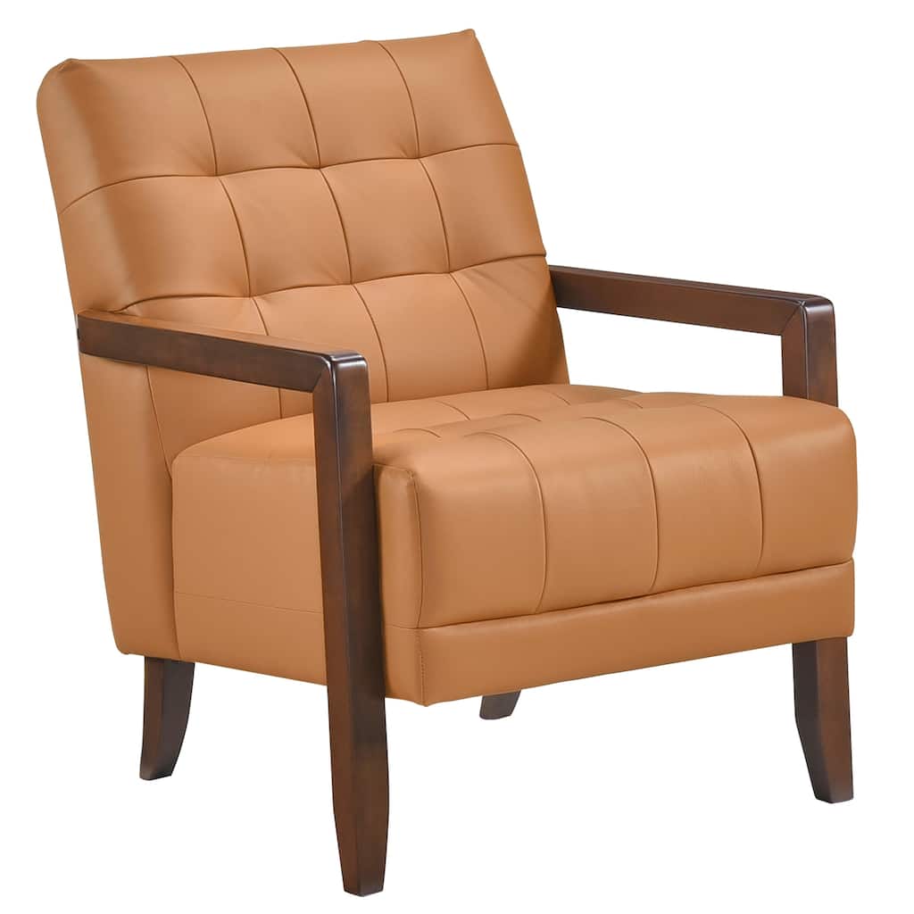 Lenie Accent Armchair, Button Tufted Orange Leather, Walnut Brown