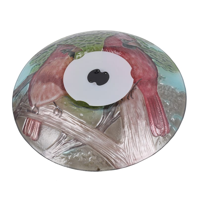 21" Red and Green Cardinals Outdoor Glass Solar Bird Bath with Stand