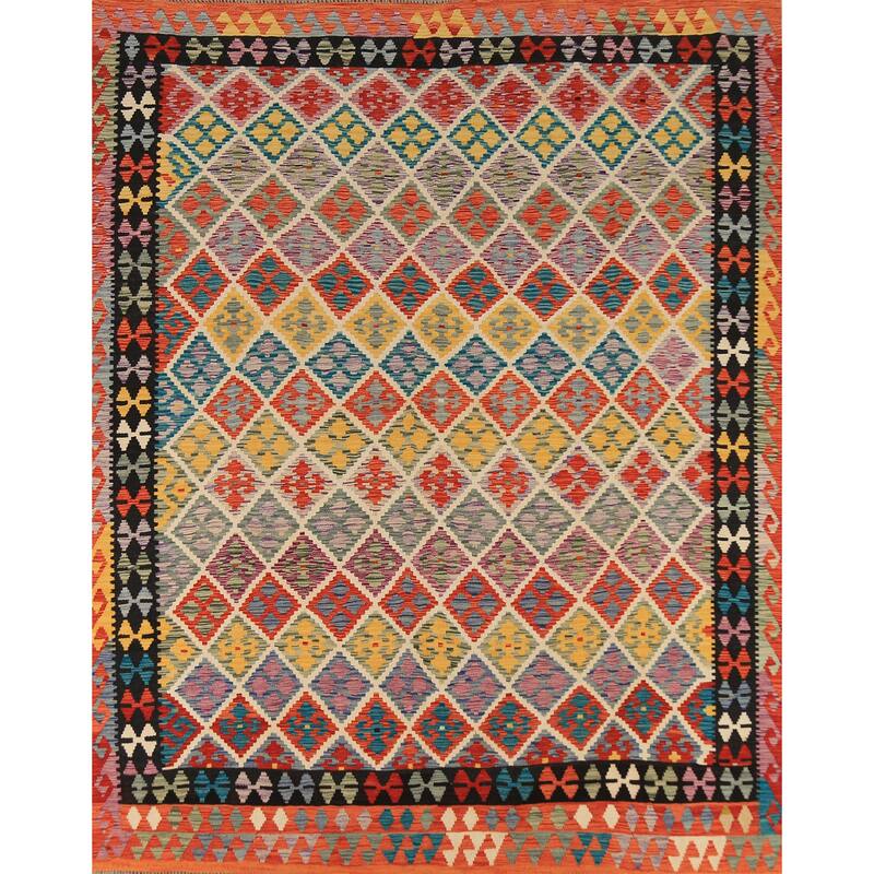All-Over Trellis Geometric Kilim Area Rug Hand-Woven Wool Carpet - 8'4" x 9'8"