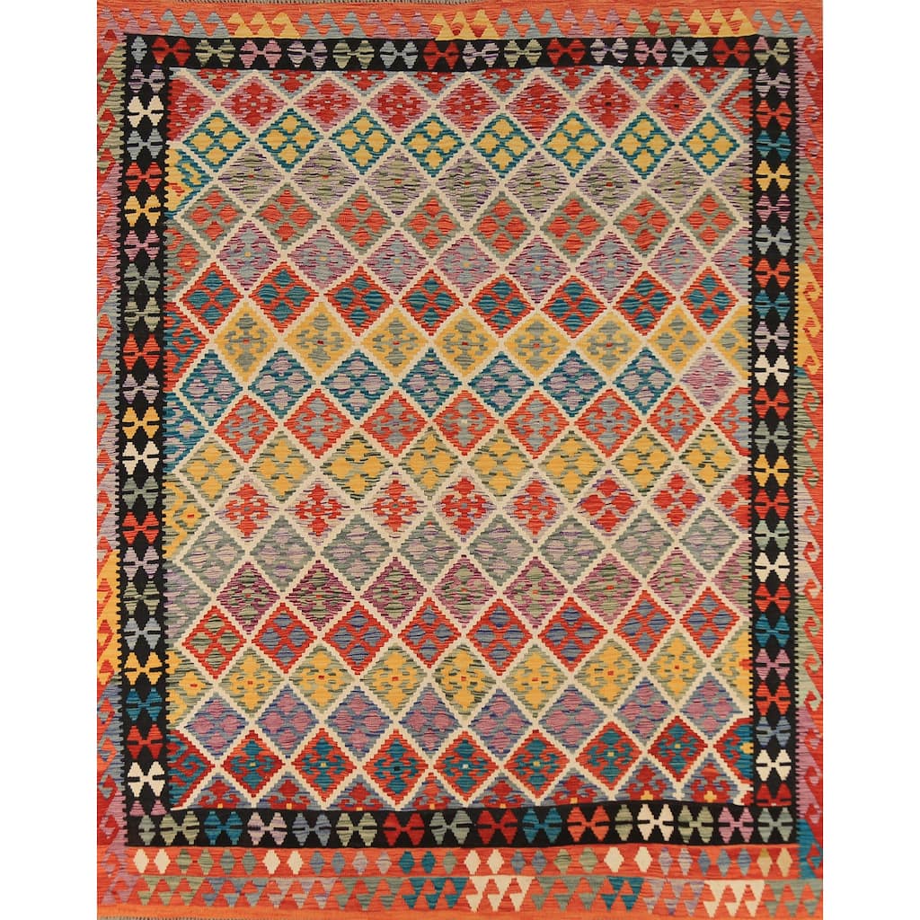 All-Over Trellis Geometric Kilim Area Rug Hand-Woven Wool Carpet - 8'4" x 9'8"