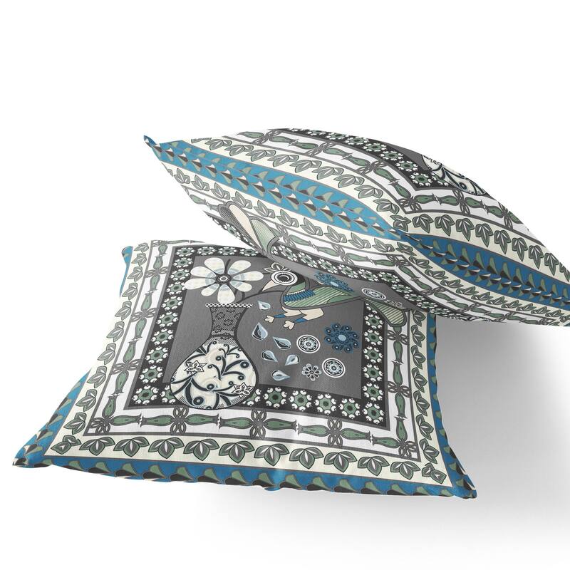 HomeRoots Set of Two 16" X 16" Black Gray and White Peacock Blown Seam Floral Indoor Outdoor Throw Pillow