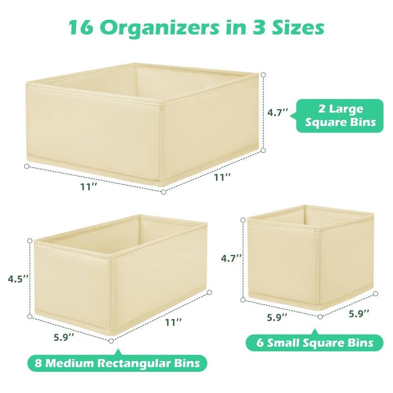 16-Pack Fabric Drawer Organizers - 3 Sizes for Clothes & Underwear