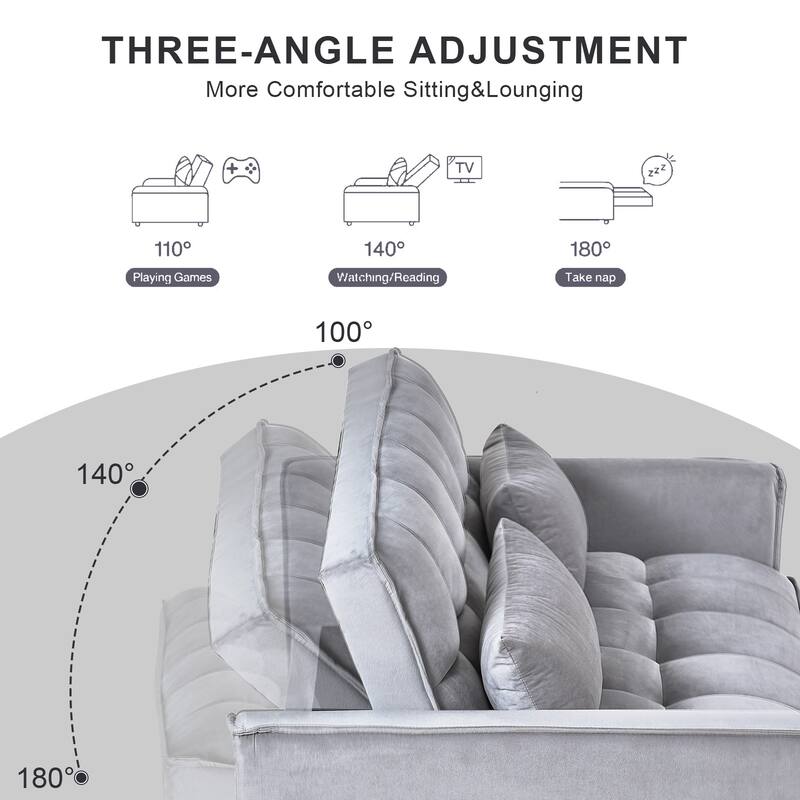 Anmytek Convertible Sleeper Sofa Bed Pull Out Couch Velvet Loveseat Futon with Pillows and Pockets for Living Room Grey