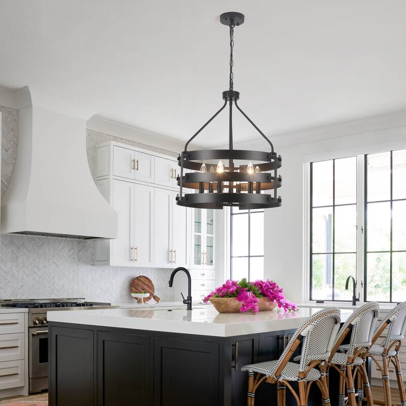 6-light Farmhouse Circle Foyer Pendant Light Hanging Island Chandelier for Dining Room