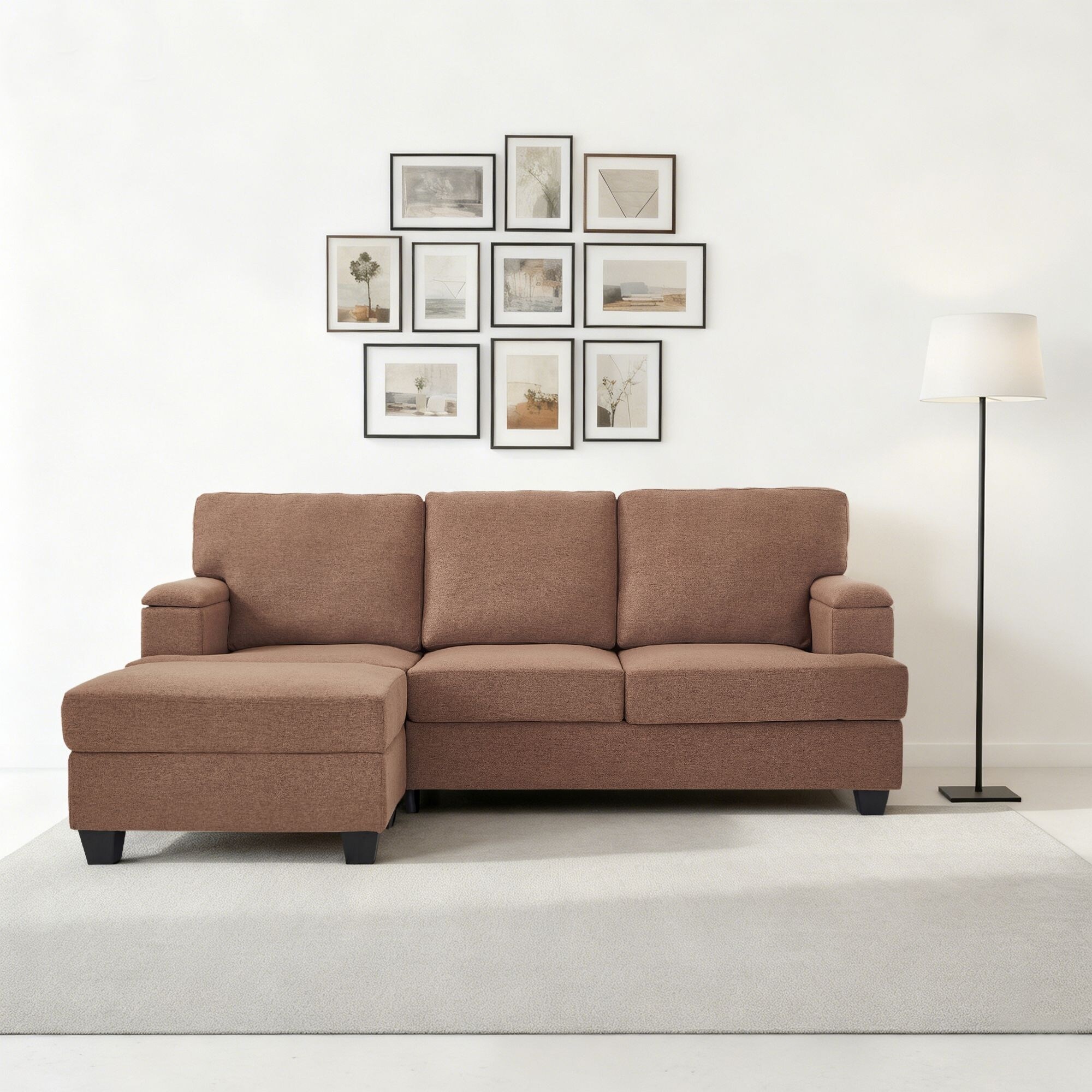 Modern Minimalist L-Shaped Linen Upholstered Sectional Sofa with Under-Seat Storage and Armrest Storage