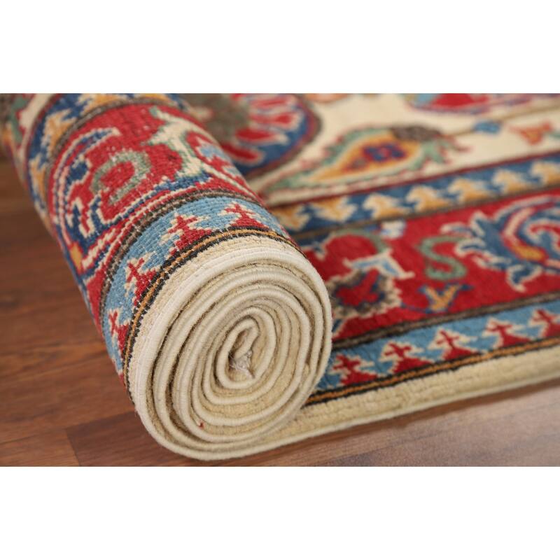 Beige Floral Kazak Oriental Runner Rug Hand-Knotted Wool Carpet - 2'9" x 10'0"