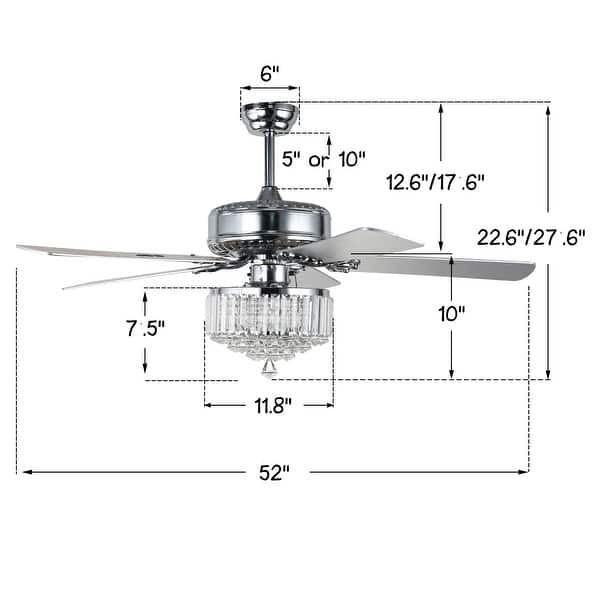 dimension image slide 2 of 3, Bella Depot 52" Modern Reversible Crystal Ceiling Fan with Remote Control and Light Kit