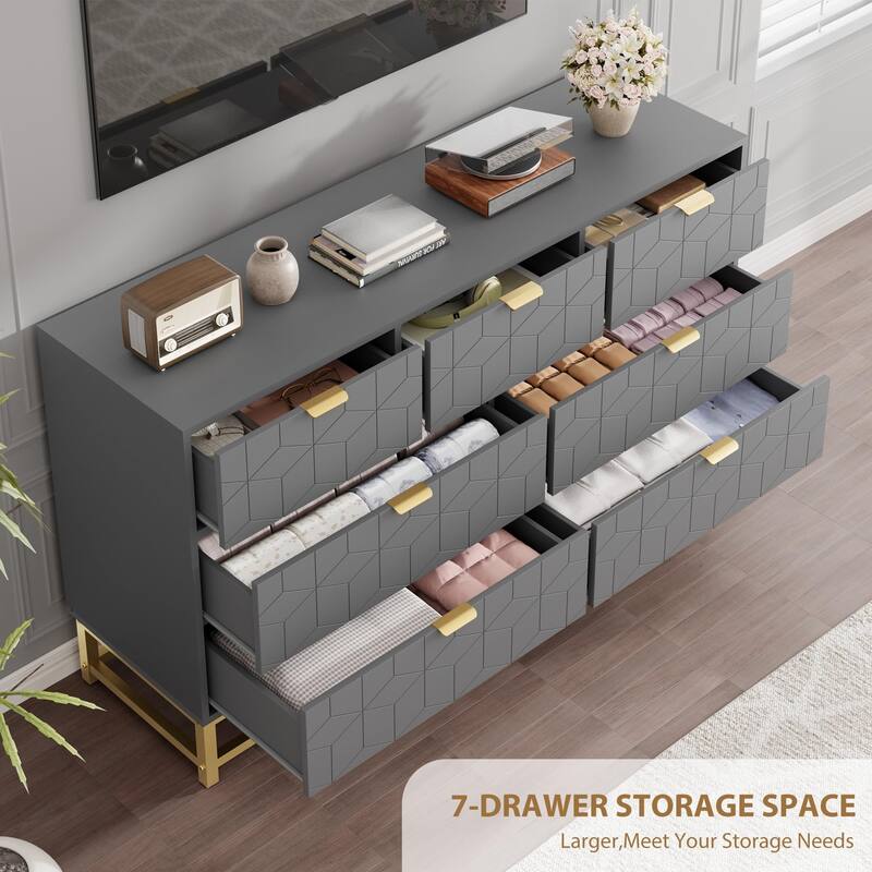 53.5" Wide 7-Drawer Dresser with Gold Metal Handles & Legs, Modern Storage Organizer for Bedroom or Hallway