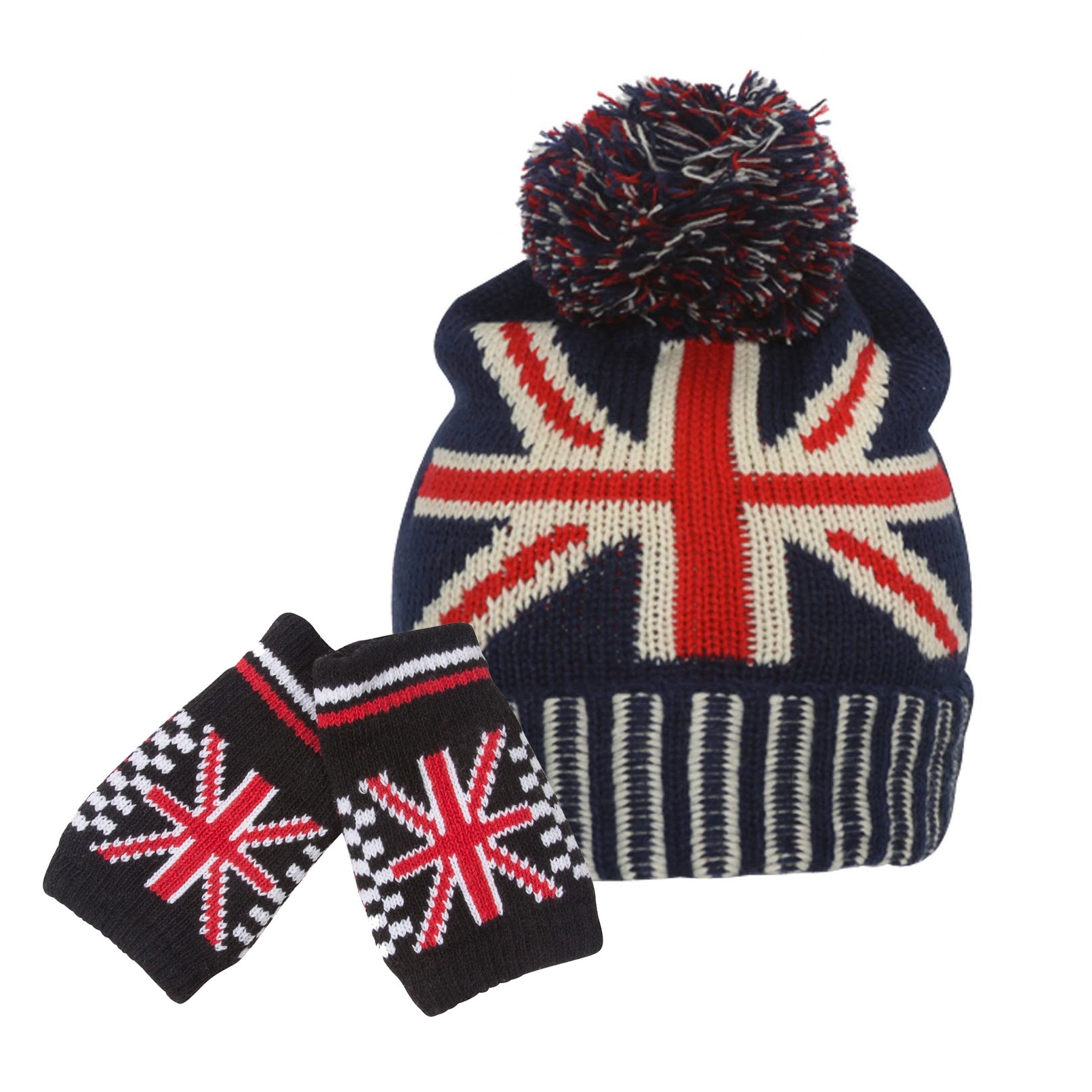 United Kingdom Union Jack Kit - Navy Cuffed Pom Beanie + Black Fingerless Gloves