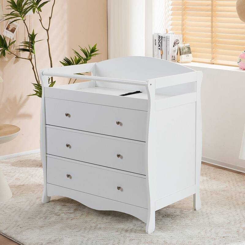Solid Wood Changing Table with Three Drawers - N/A - White