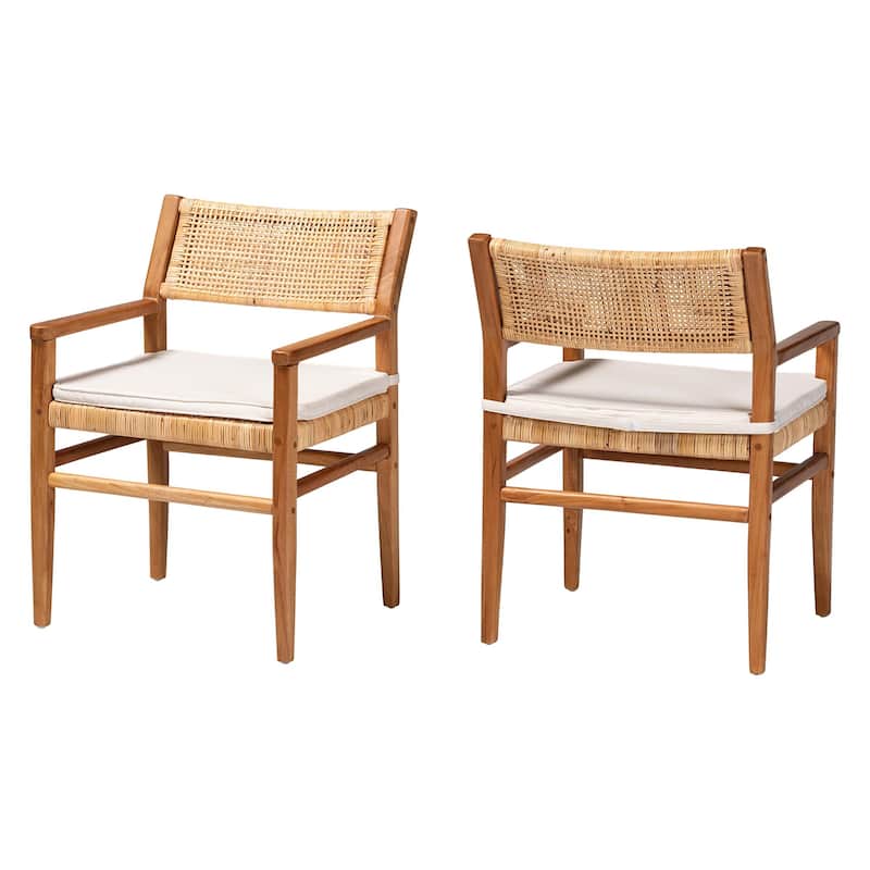 Chatura Natural Rattan and Mahogany Wood Dining Armchair - Handwoven Wicker Dining Chair with Angled Back, Coastal Boho Seating - Light Honey/Honey