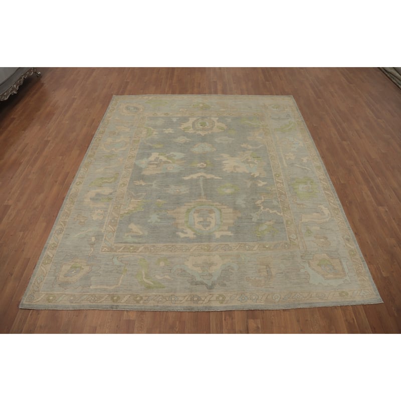 Handmade Gray Oushak Vegetable Dye Area Rug, Flora Geometric Carpet - 9' 10'' X 8' 6''