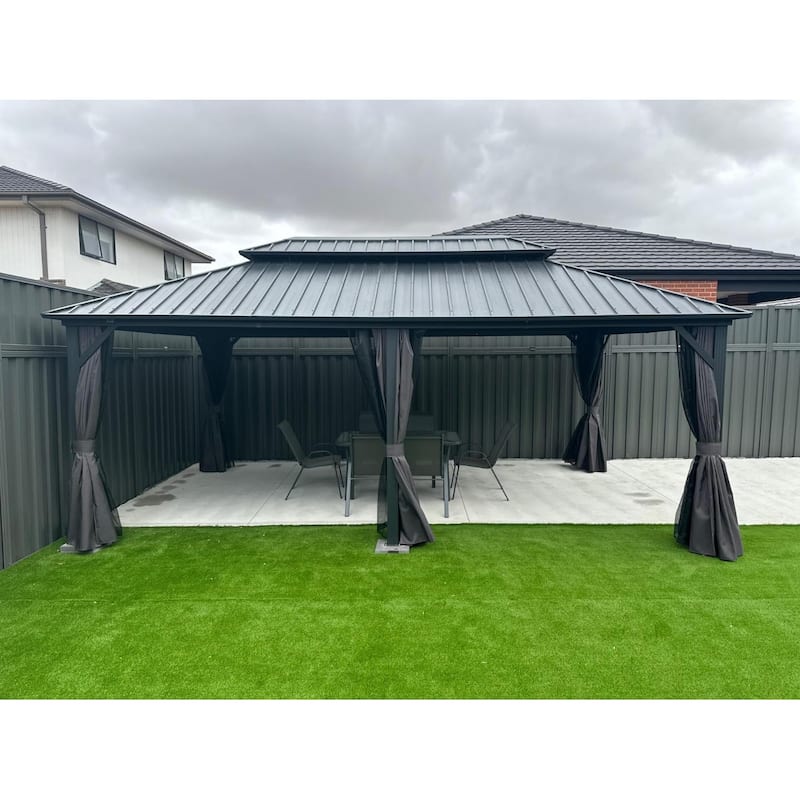 PURPLE LEAF Gazebo Outdoor Gazebo with Dual-Layer Galvanized Steel Double Roof Aluminum Gazebo with Netting and Curtains Grey