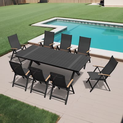 9-Piece Set Outdoor Aluminum Dining Table with Umbrella Hole and Foldable Dining Chairs