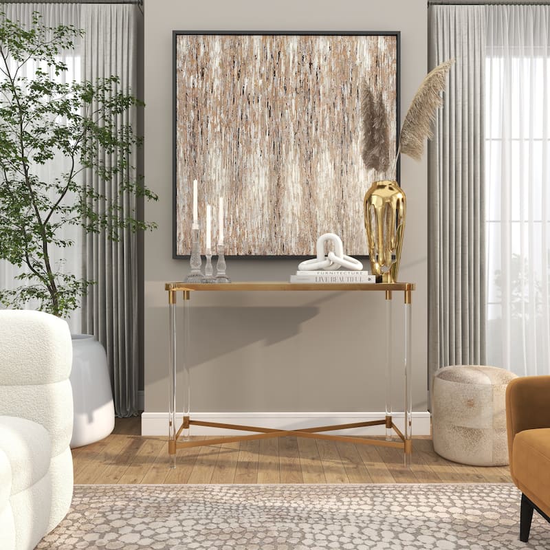 Gold Metal Console Table with Mirrored Top and Acrylic Legs