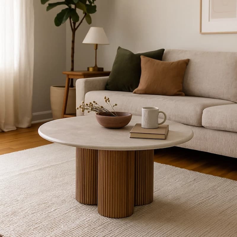 Cid Den Coffee Table, Brown Wood, Round Botticino Marble Top, 27 Inch