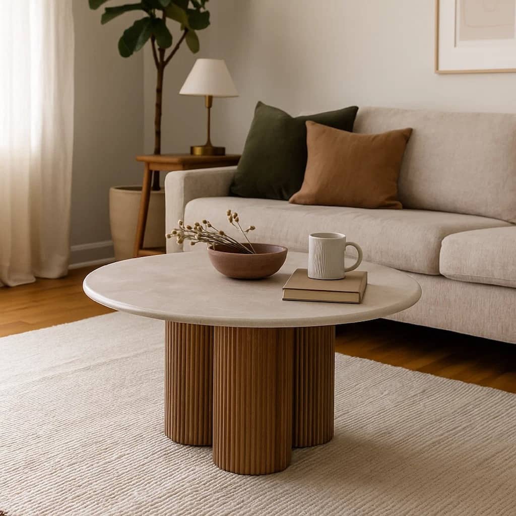 Cid Den Coffee Table, Brown Wood, Round Botticino Marble Top, 27 Inch