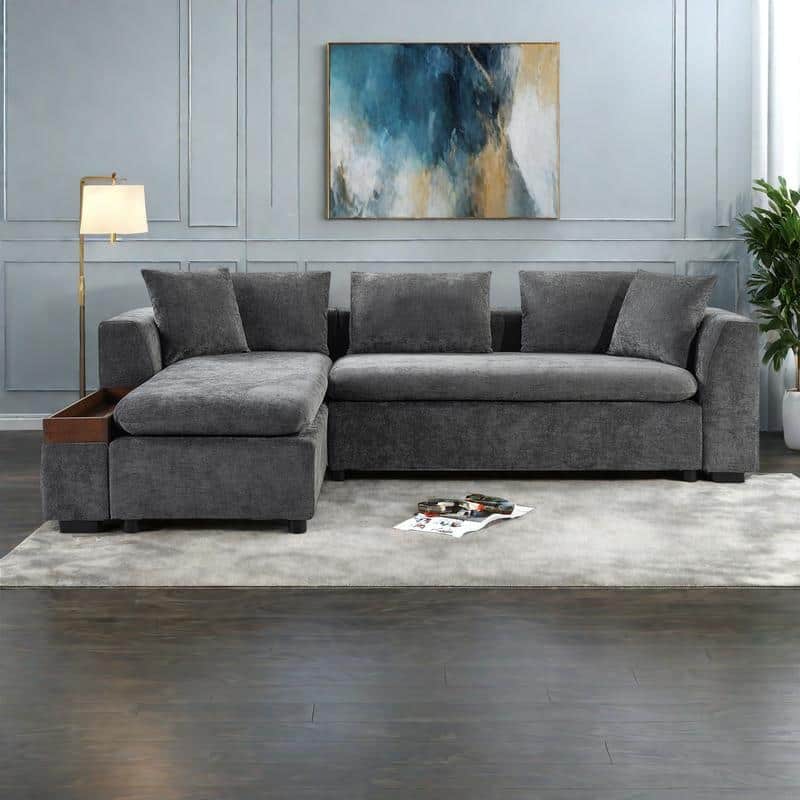 93.7" Chenille L-Shaped Sectional Sofa with Wooden Storage Compartment and Deep Seating - Gray