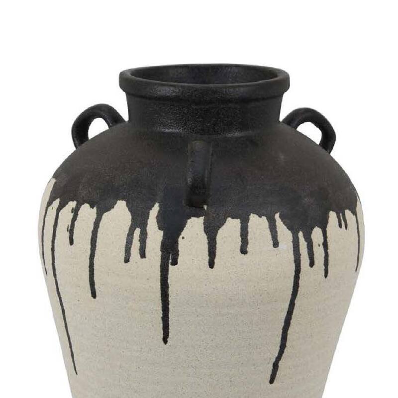Caleb Accent Vase with Drip Pattern and Handles, Black Gray Ceramic