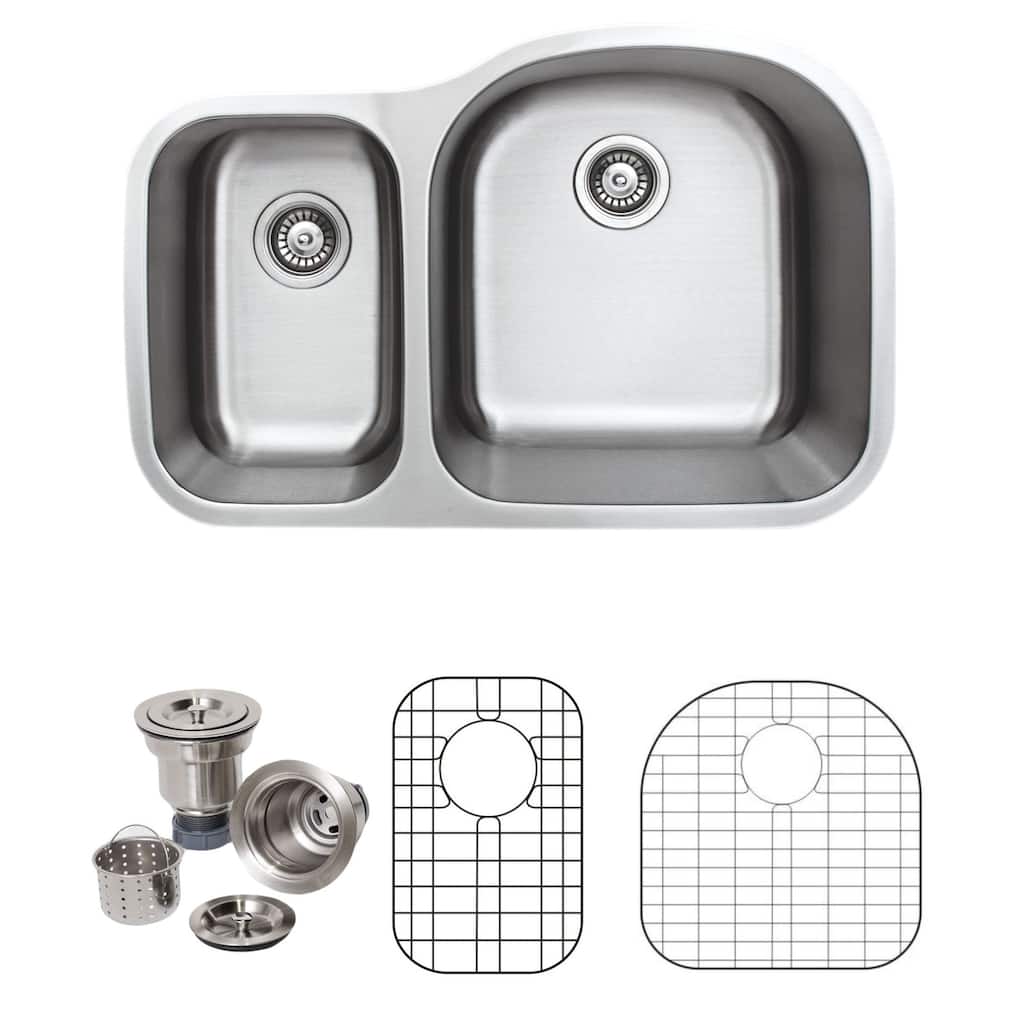 Wells Sinkware Craftsmen Series 32-inch 16-gauge Undermount 30-70 Double Bowl Stainless Steel Kitchen Sink Package