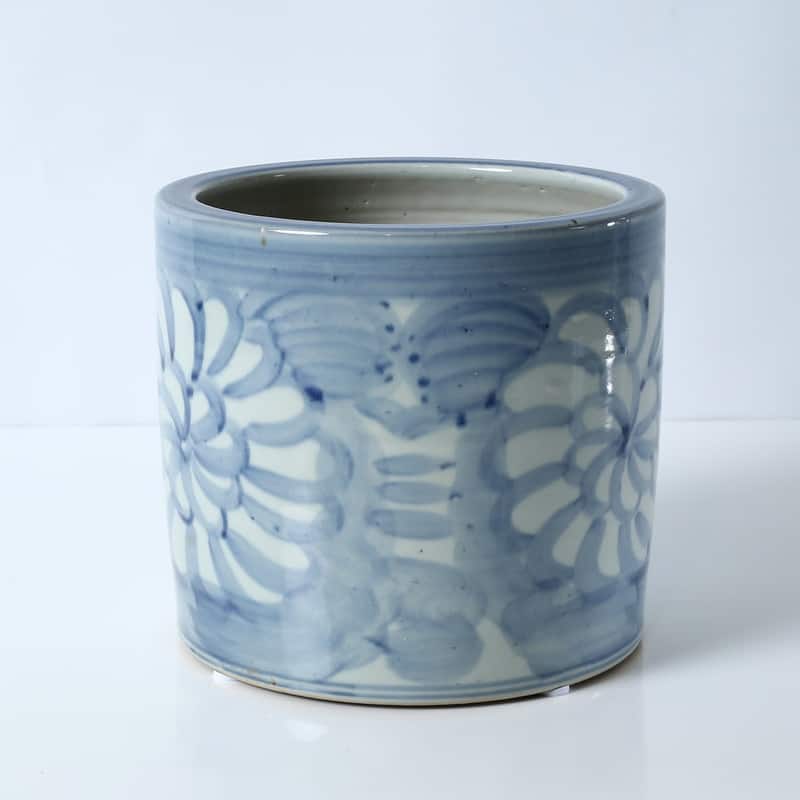 Approx.8.7 Inches Tall Blue and White Pot with Flower Motif