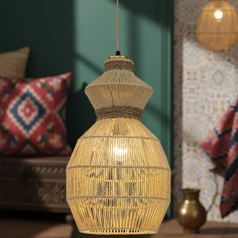 Opaline 1-Light Rattan Stacked Geometric Pendant, Coastal Boho - Handwoven - 12" Wide