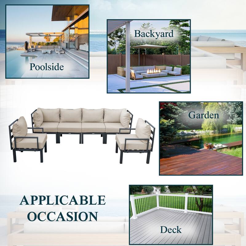 Chelsea 6-Piece Outdoor Patio Sectional Set in Black Aluminum with Removable Cushions for Backyard Garden and Patio Deck