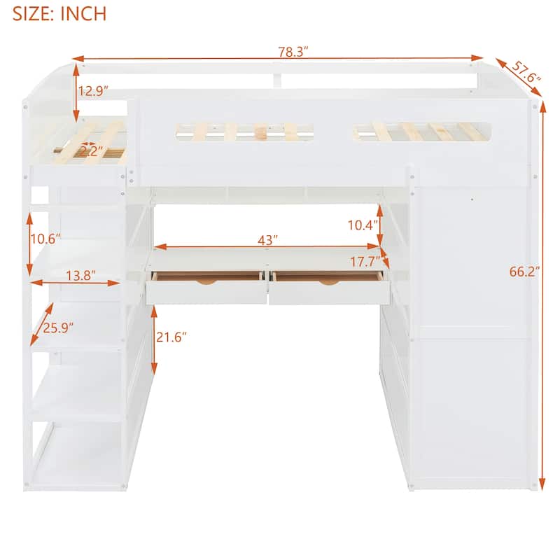 Full Size Wood Loft Bed with Desk, Wardrobes,Drawers and Shelves